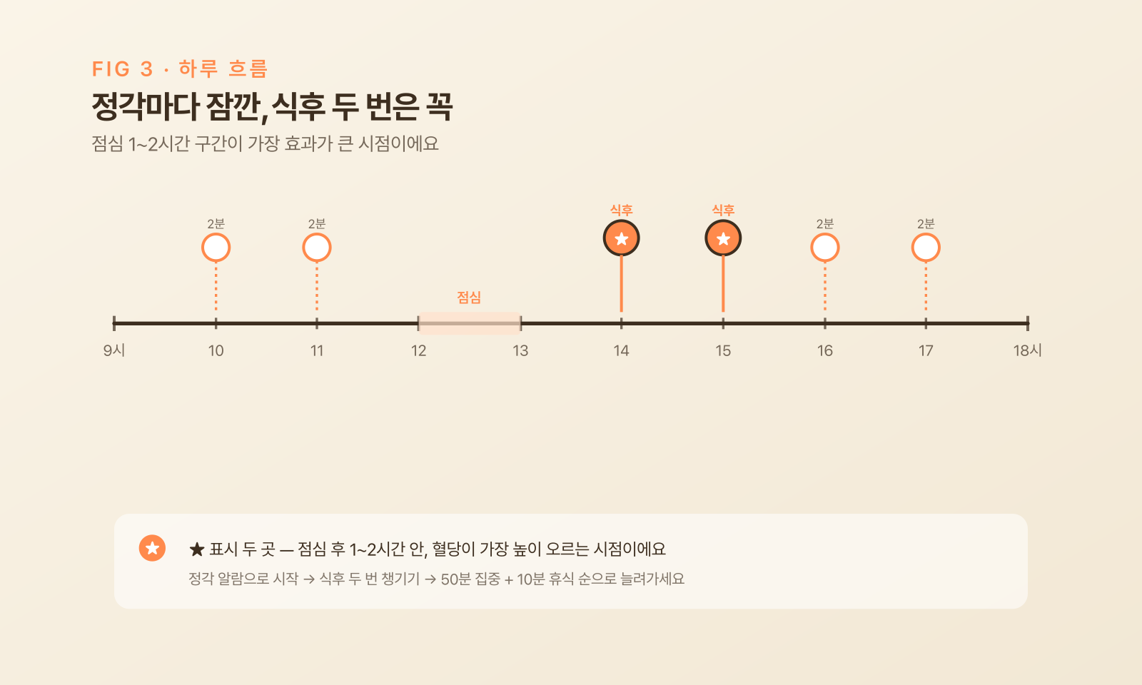 하루 동안 1시간 간격으로 짧게 일어나는 시점이 표시된 타임라인